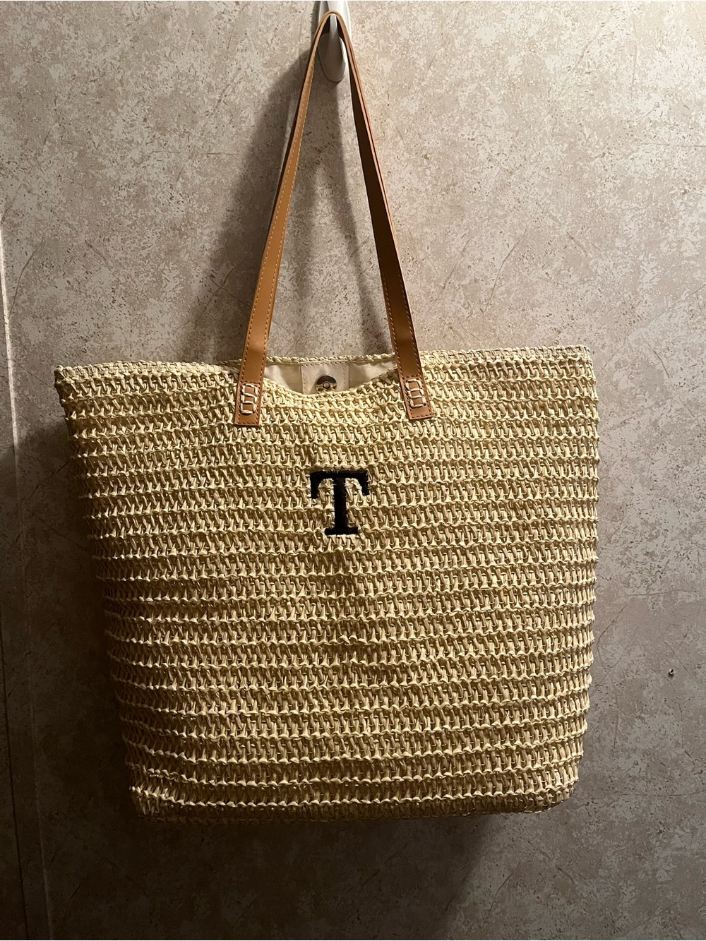 Neutral Woven Straw Tote with Black Monogram and Tan Handles